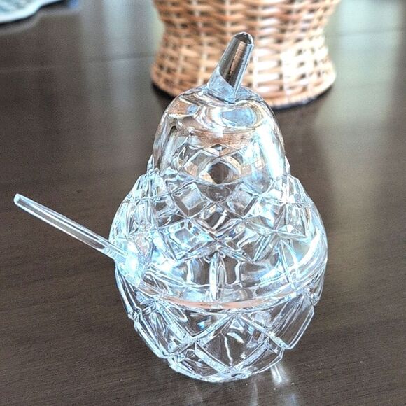 Vintage Clear Glass Pear Shaped Jam Jar Condiment Serving Dish with Spoon - Picture 10 of 10
